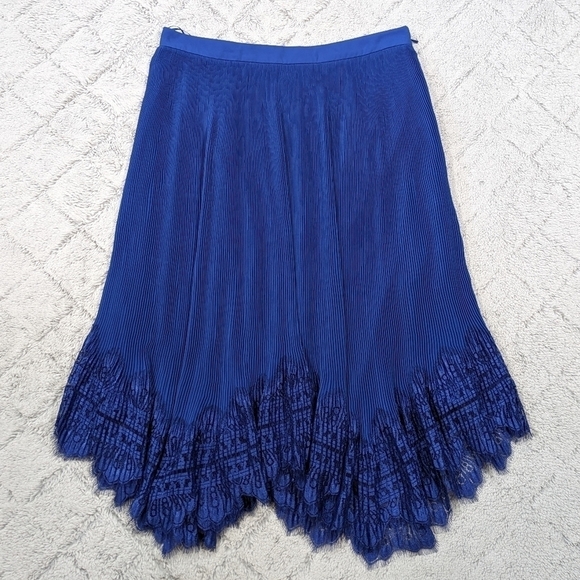 Whistles Skirt Women's 8 Blue Dahlia Pleated Lace Trim Knee Length Side Zip - Picture 1 of 10